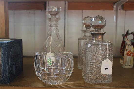 Square cut glass decanter with silver collar, two other decanters & a Waterford crystal vase